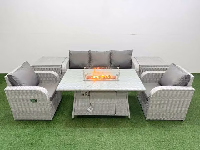 Fimous PE Rattan Garden Furniture Set in Light Grey with Reclining Chairs, Sofa, Firepit, Dining Table and 2 Side Tables