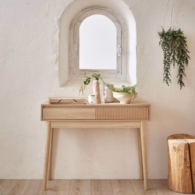 Sweekeec Scandinavian Style Pine Wood Console Table with Grooved Detail in Brown, Width: 100 cm