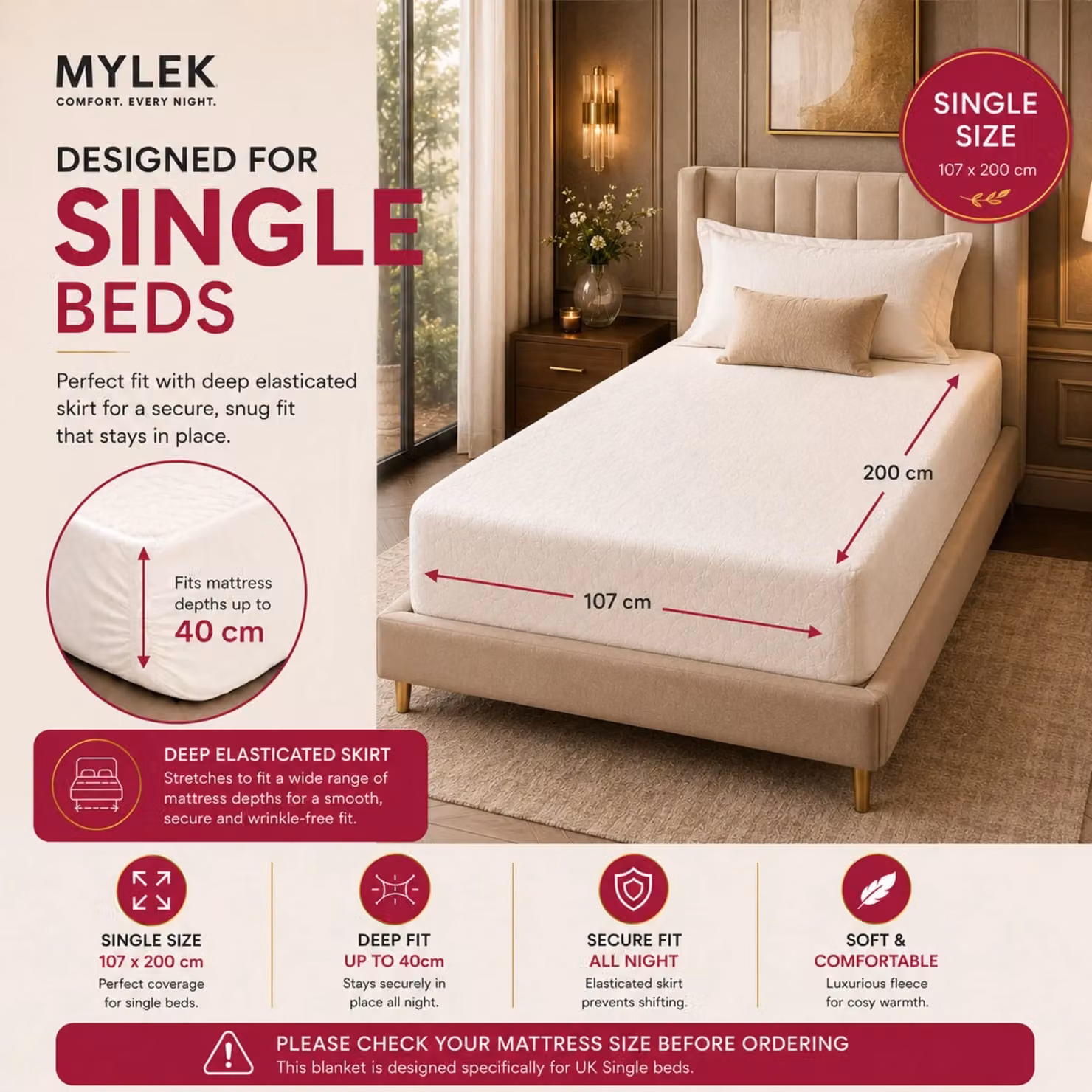 MYLEK Single Electric Heated Fitted Mattress Cover in White, 90 x 200 cm – 2