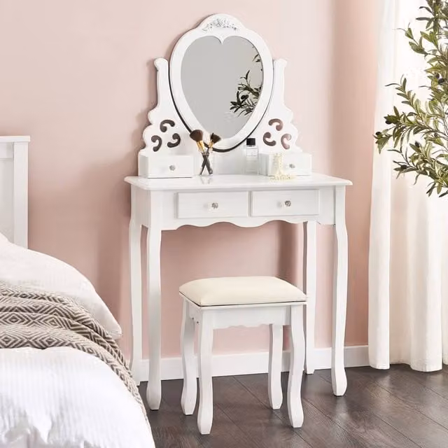 Wyld and Coco Glam White Dressing Table with 4 Drawers and Heart Mirror