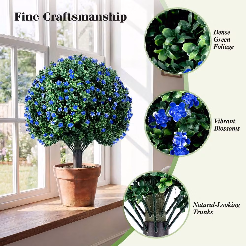 Costway 2-Piece Artificial Camellia and Boxwood Topiary Ball Trees in Green, Purple and Multicolour – 6