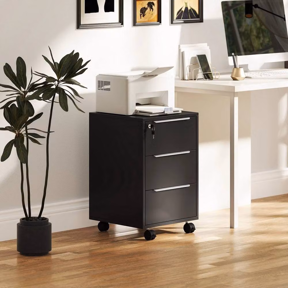 PAWNORA Modern 3-Drawer Locking Mobile Filing Cabinet in Black Metal – 3