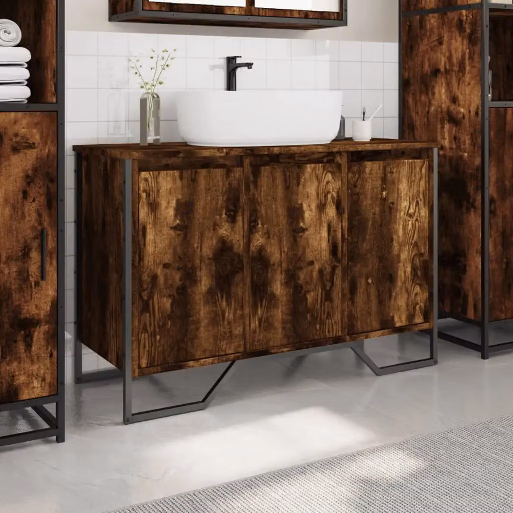Berkfield Home Wall Mounted Bathroom Sink Cabinet in Smoked Oak, W/D/H: 91 x 35 x 60 cm – 2