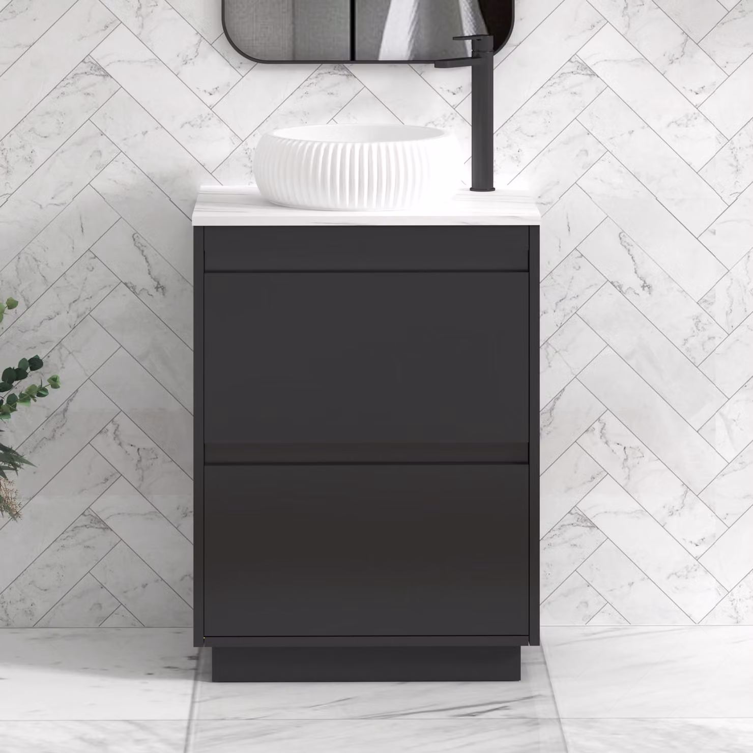 Royal Bathrooms Orion 600mm Matt Obsidian Black Floor Standing Vanity Unit with Milan Basin and Black Accent Trim