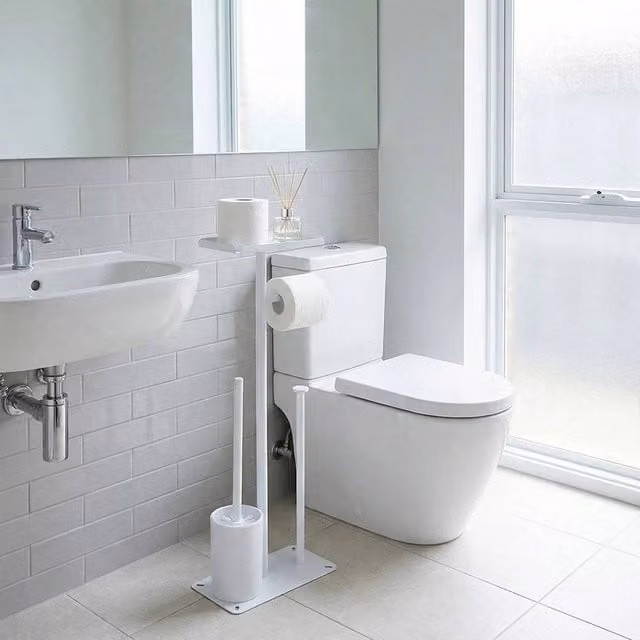 Kelvenix 4-in-1 Freestanding White Metal Toilet Paper Holder with Spare Roll Holder and Brush – 1