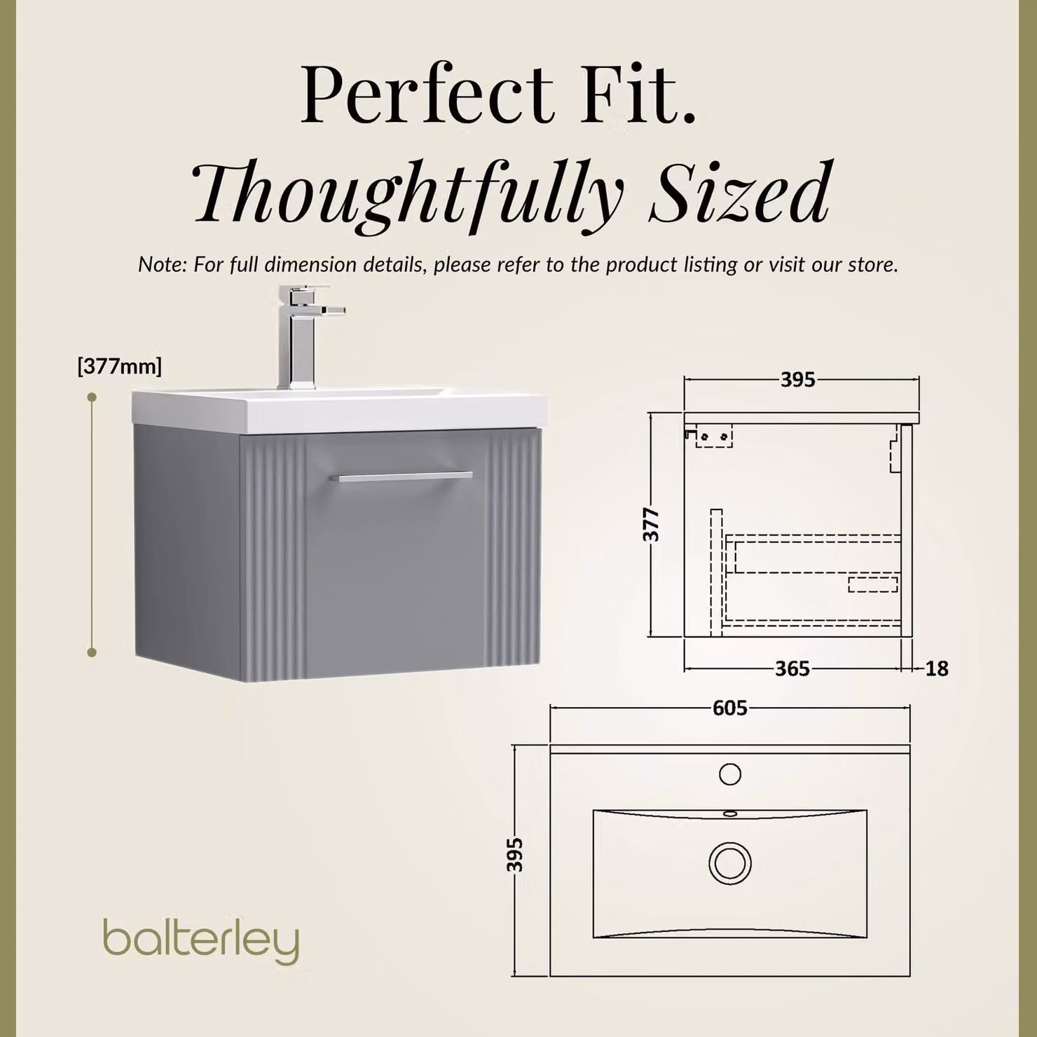 Balterley Wall Hung 1 Drawer Vanity Unit with Thin-Edge Basin, Satin Grey, W: 50 cm, D: 39.5 cm – 3
