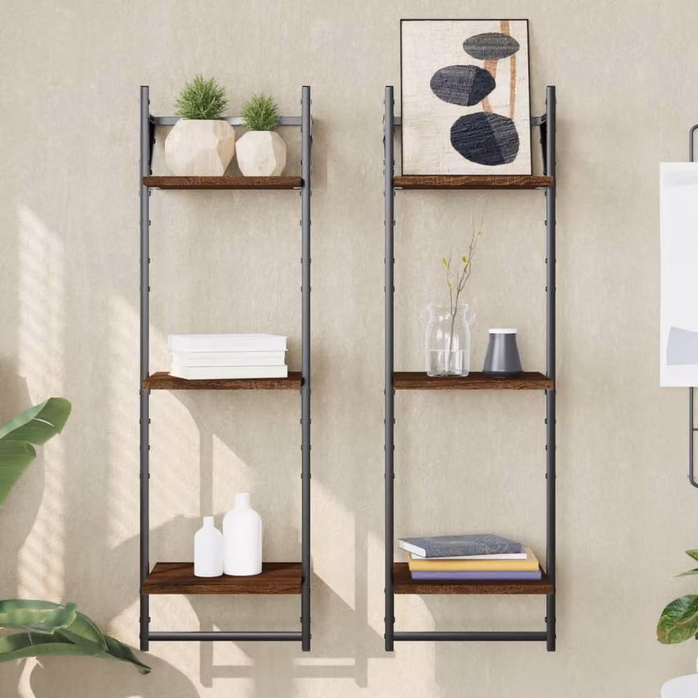 Berkfield Home 3-Tier Wall Mounted Shelves with Hanging Rods, 2 Pack, Brown Oak, W/D/H: 30 x 25 x 100 cm – 2