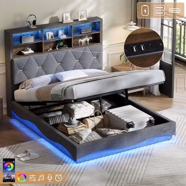 Rolipo Double Upholstered Hydraulic Storage Bed Frame with LED Lighting and USB Charging Port, Grey, 140 x 200 cm – 1