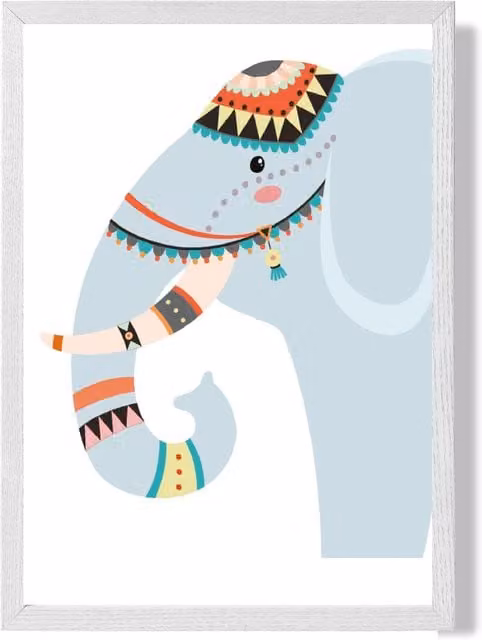 ARTZE Peeking Elephant Tribal Animal Framed Print in Pale Blue and White, A2