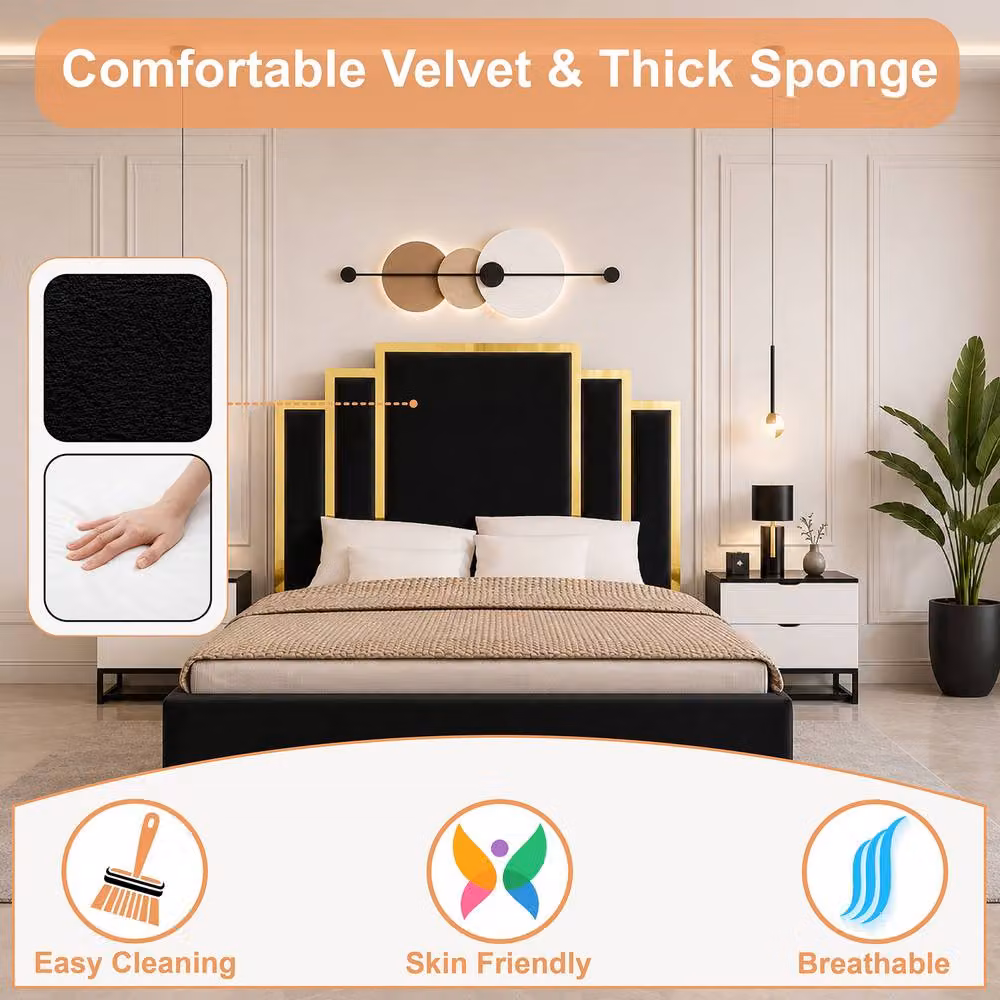 Soft Snooze Beds Luxury Gold Trim Black Velvet Upholstered Ottoman Bed with Geometric Tufted Headboard and Lift Up Base, Size: 140 x 200 cm – 6