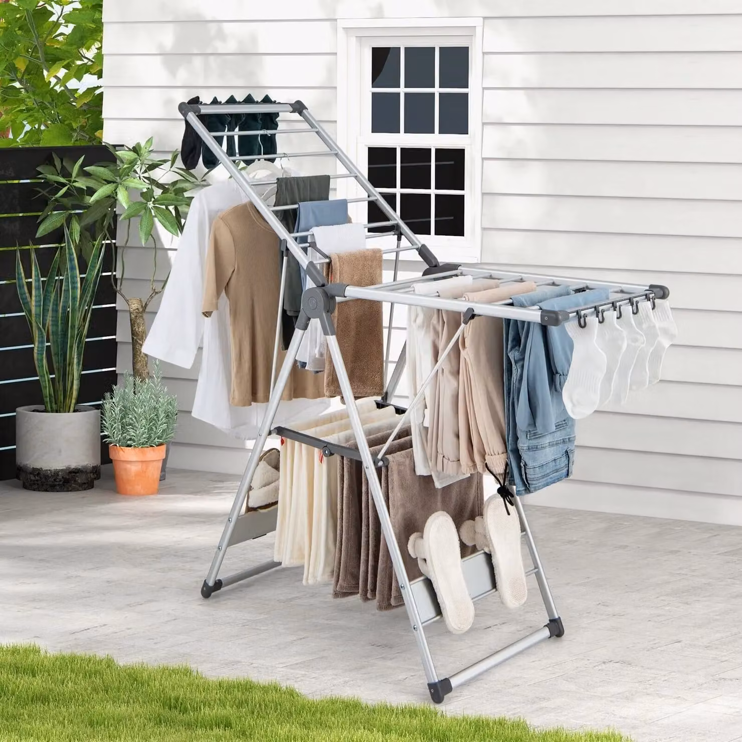 Gymax 2-Layer Folding Aluminium Clothes Drying Rack with 4 Shoe Holders in Grey – 2