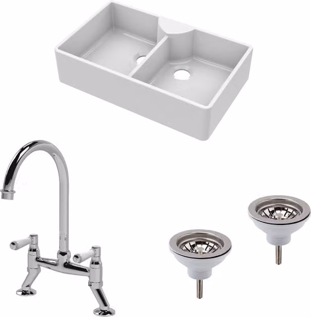 Balterley White Ceramic Fireclay 2 Bowl Butler Kitchen Sink with 2 Wastes and Chrome Tap, W: 895 mm