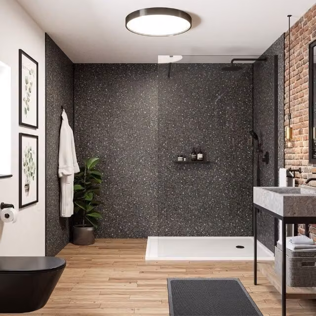Wetwall Terrazzo Noir Laminate Wall Panel with Tongue and Groove, Black, W: 118.5 cm, H: 242.0 cm, D: 1.1 cm
