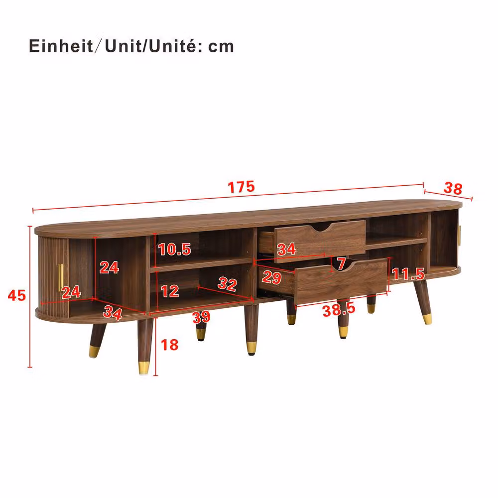 ModernLuxe Country-style TV cabinet with sliding door, shelves and drawers in Brown, W: 175.0 cm, H: 45.0 cm, D: 38.0 cm – 4
