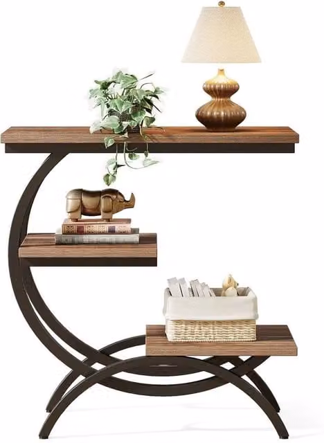 VOGREX 3 Tier Industrial Small Side Table in Brown Wood and Metal, W/D/H: 30 x 30 x 65 cm