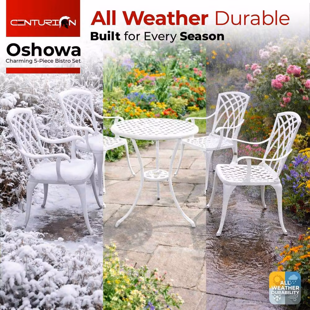 Centurion OSHOWA 5-Piece Cast Aluminium Bistro Set in White featuring a Round Table and 4 High-Backed Armchairs – 5