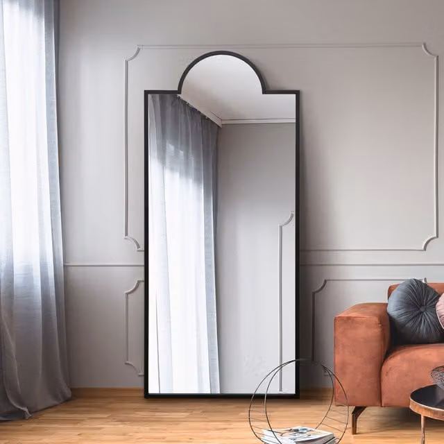 MirrorOutlet The Fenestra Crown Contemporary Wall and Leaner Mirror in Black, Height: 170 cm