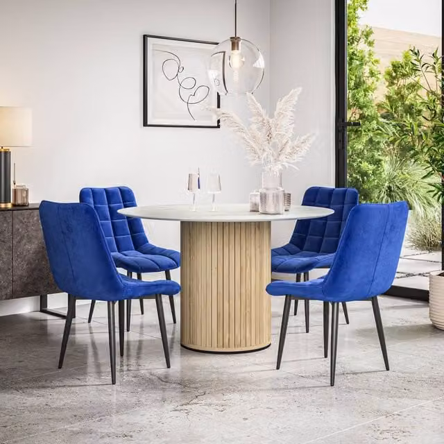 More4Homes Arlo White Marble Top Round Dining Table with Oak Legs and 6 Blue Nova Velvet Dining Chairs Set, W/D/H: 120 x 120 x 75 cm