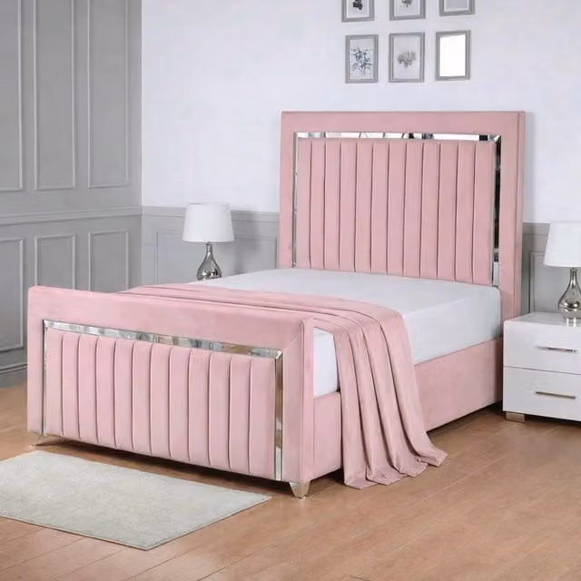 Living Comfort Bedz Chrome Edge Ottoman Gas Lift Storage Bed in Pink Velvet, Super King, W/D/H: 200 x 200 cm