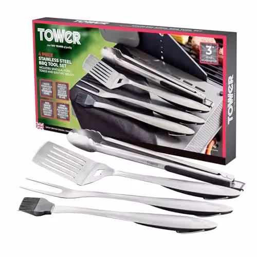 Tower 4 Piece BBQ Tool Set with Hanging Loop in Stainless Steel and Red – 4