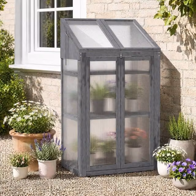 STILVORA Grey Cold Frame Greenhouse with 3 Shelves and Double Doors, W/D/H: 120 x 70 x 50 cm