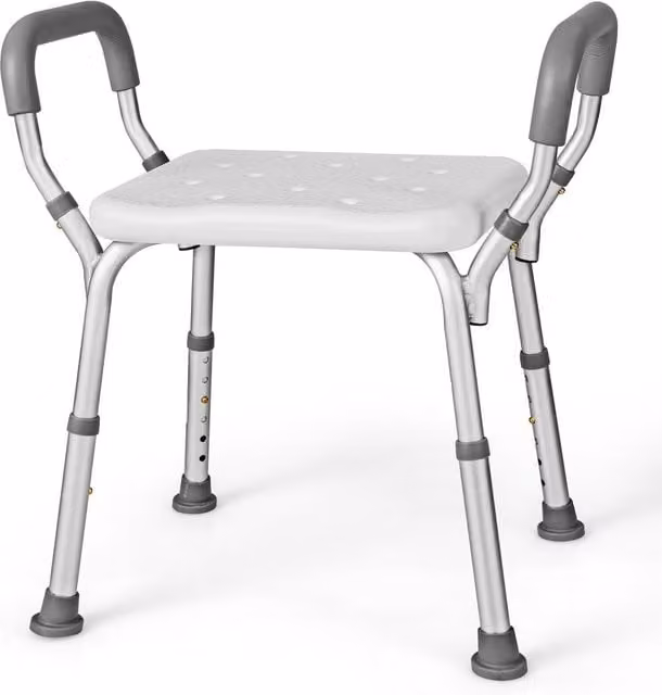Costway Grey Shower Bench Bath Chair with Detachable Padded Arms and Non-Slip Drainage Seat – 1