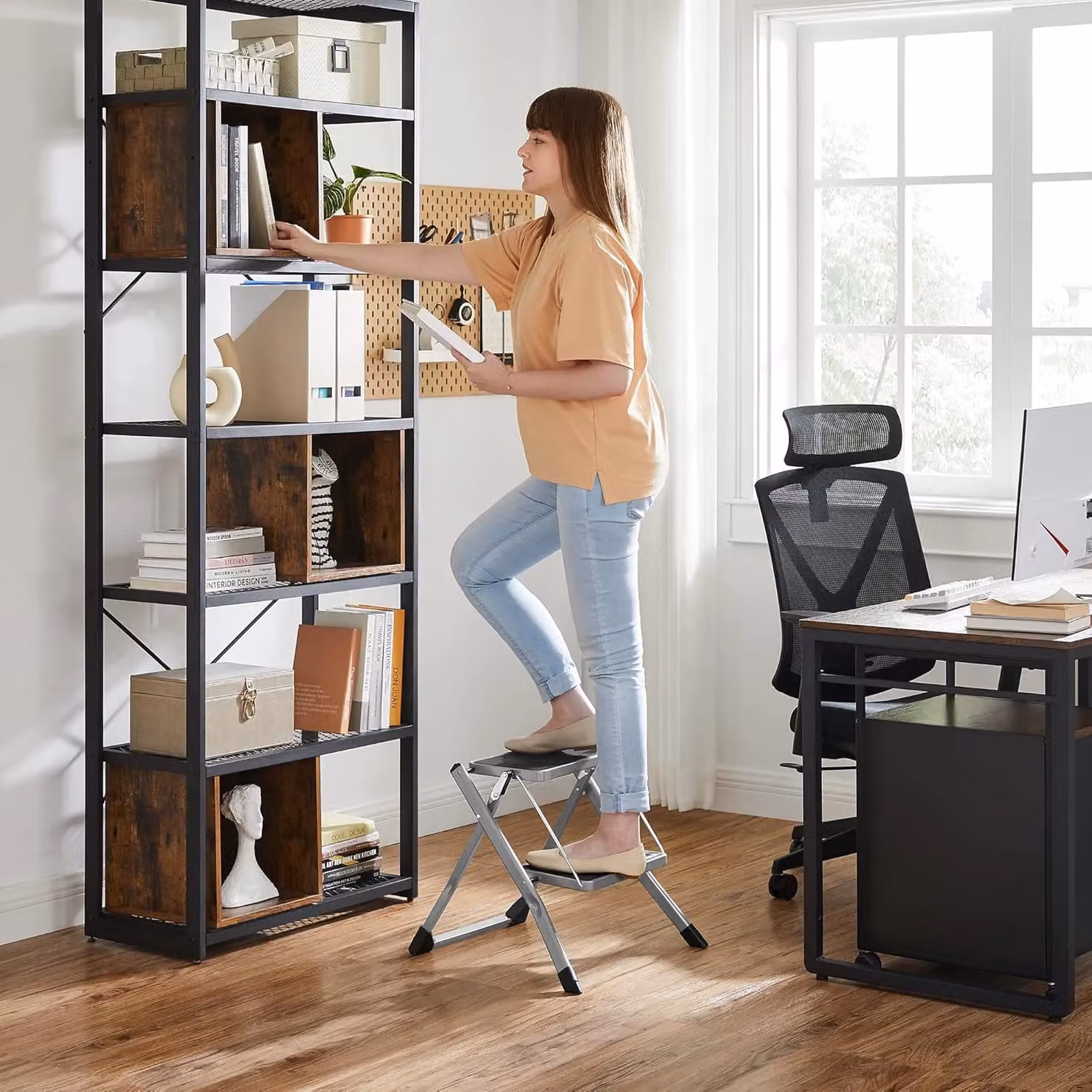 SONGMICS Heavy Duty 2-Step Folding Steel Step Ladder in Grey with Handle and Rubber Feet – 2
