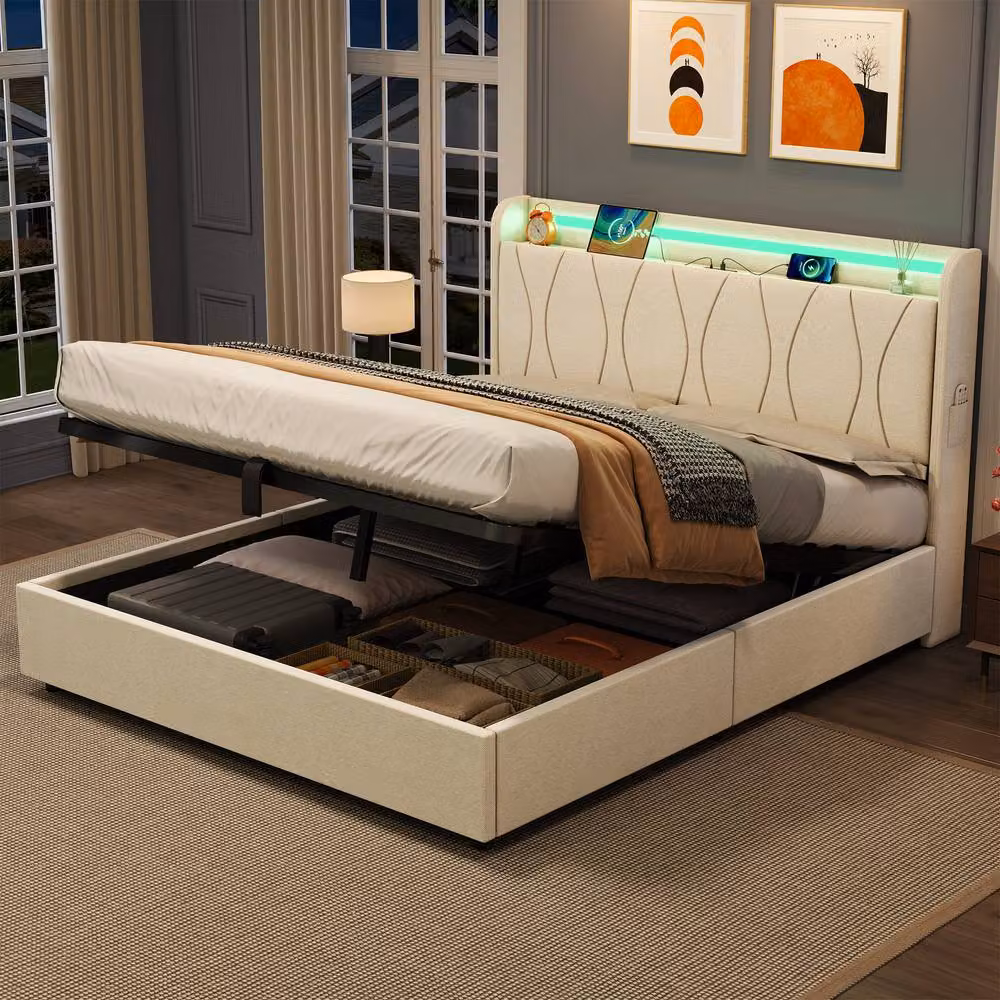 Matteo Double Upholstered Bed Frame with Hydraulic Storage, LED Headboard and USB Charging Port in Beige, W/D/H: 140 x 200 x 137 cm – 2