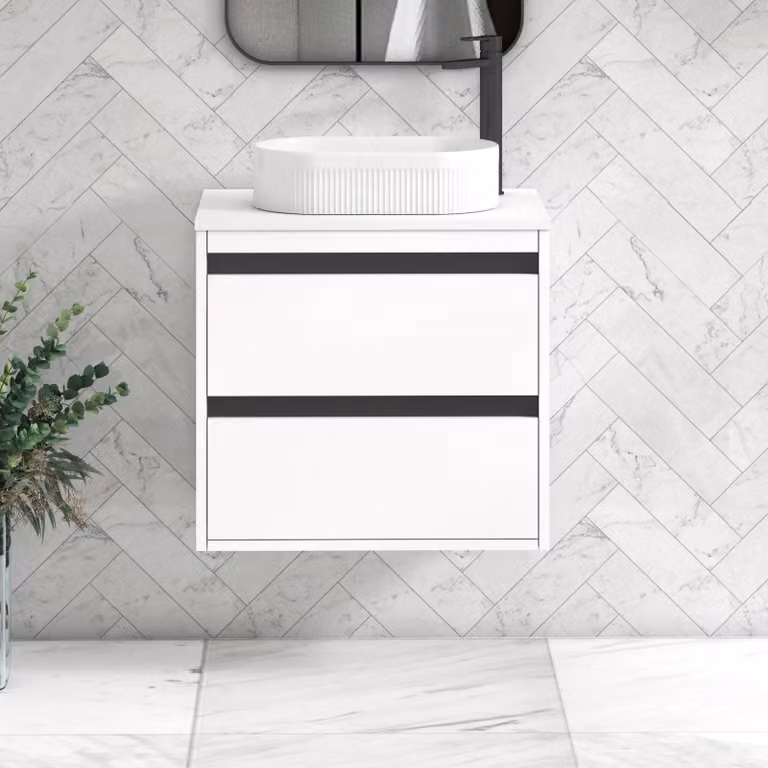 Royal Bathrooms Orion Wall Hung 2 Drawer Matt White Vanity Unit with Plain White Countertop Basin and Black Accent Trim