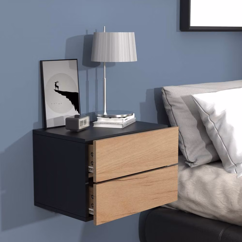 VCM Usal Black Wooden Wall Mounted Bedside Table W: 45 cm, D: 32 cm, H: 30 cm – 3