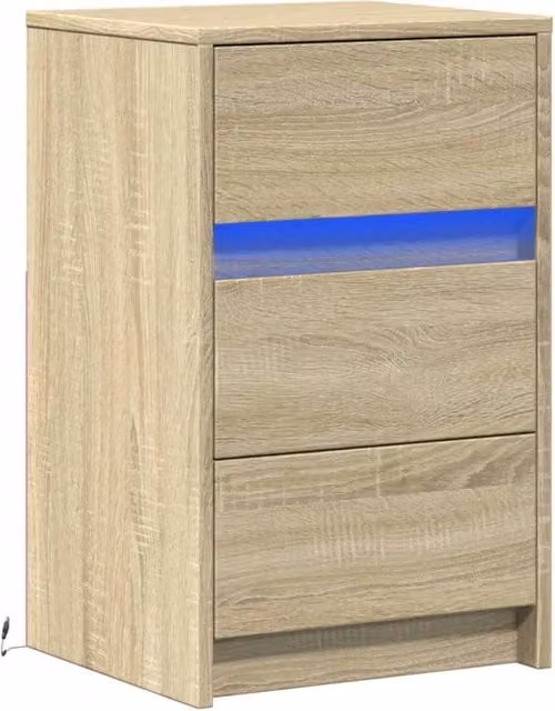 Berkfield Home Modern Bedside Cabinet with Integrated LED Lights in Sonoma Oak and Light Tan, W: 34.0 cm, D: 38.0 cm, H: 61.0 cm