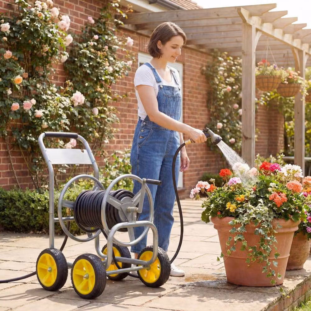 Costway Silver Metal 4-Wheel Garden Hose Reel Cart and Water Hose Organiser – 8