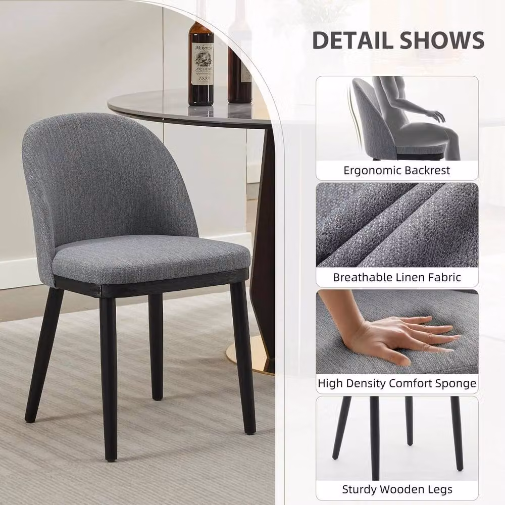FORGEVIO Set of 2 Grey Linen Upholstered Dining Chairs with Cushioned Polyester Fabric Seats and Wood Legs – 5