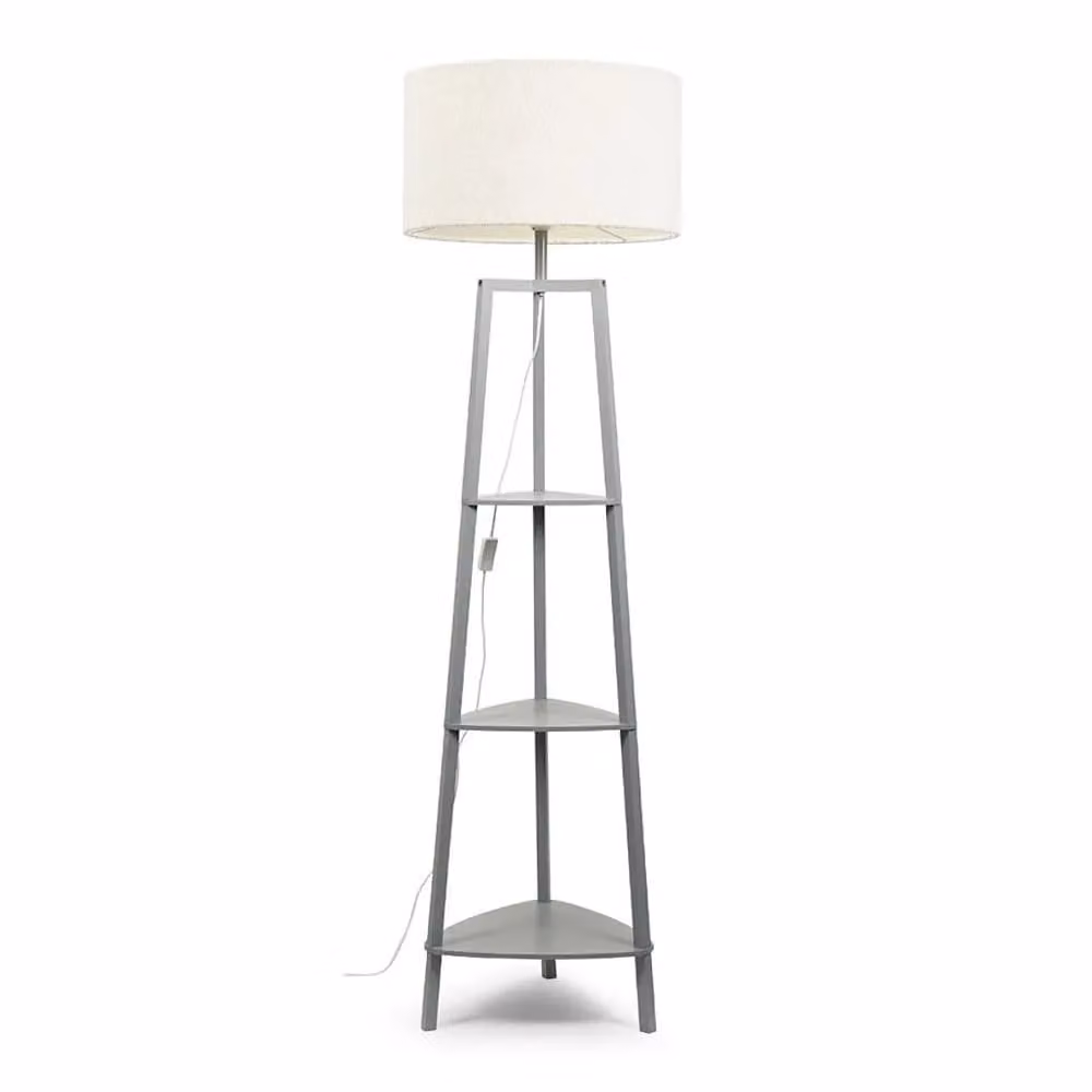 ValueLights Hiru Grey 3 Tier Wooden Shelf Floor Lamp with Beige Boucle Drum Shade – 3