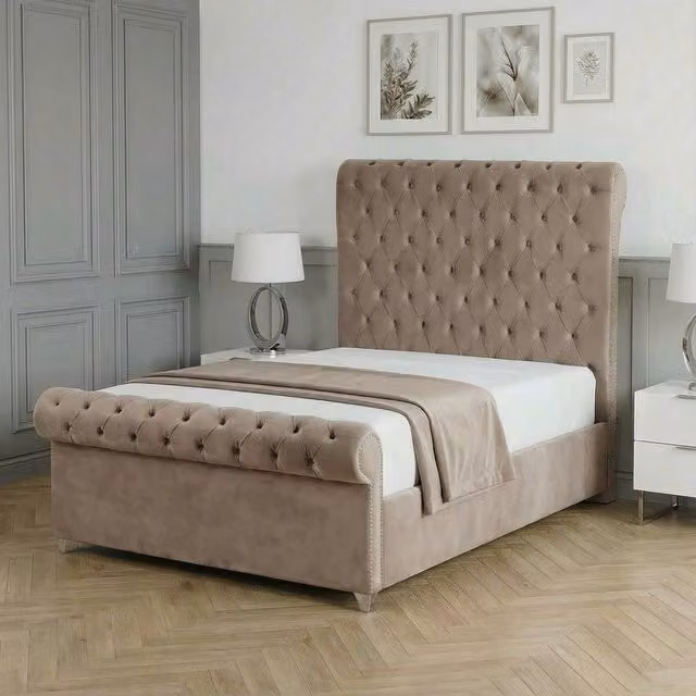 Living Comfort Bedz Regency Sleigh Slatted Base Upholstered Velvet Bed in Beige, W/D/H: 120 x 200 cm