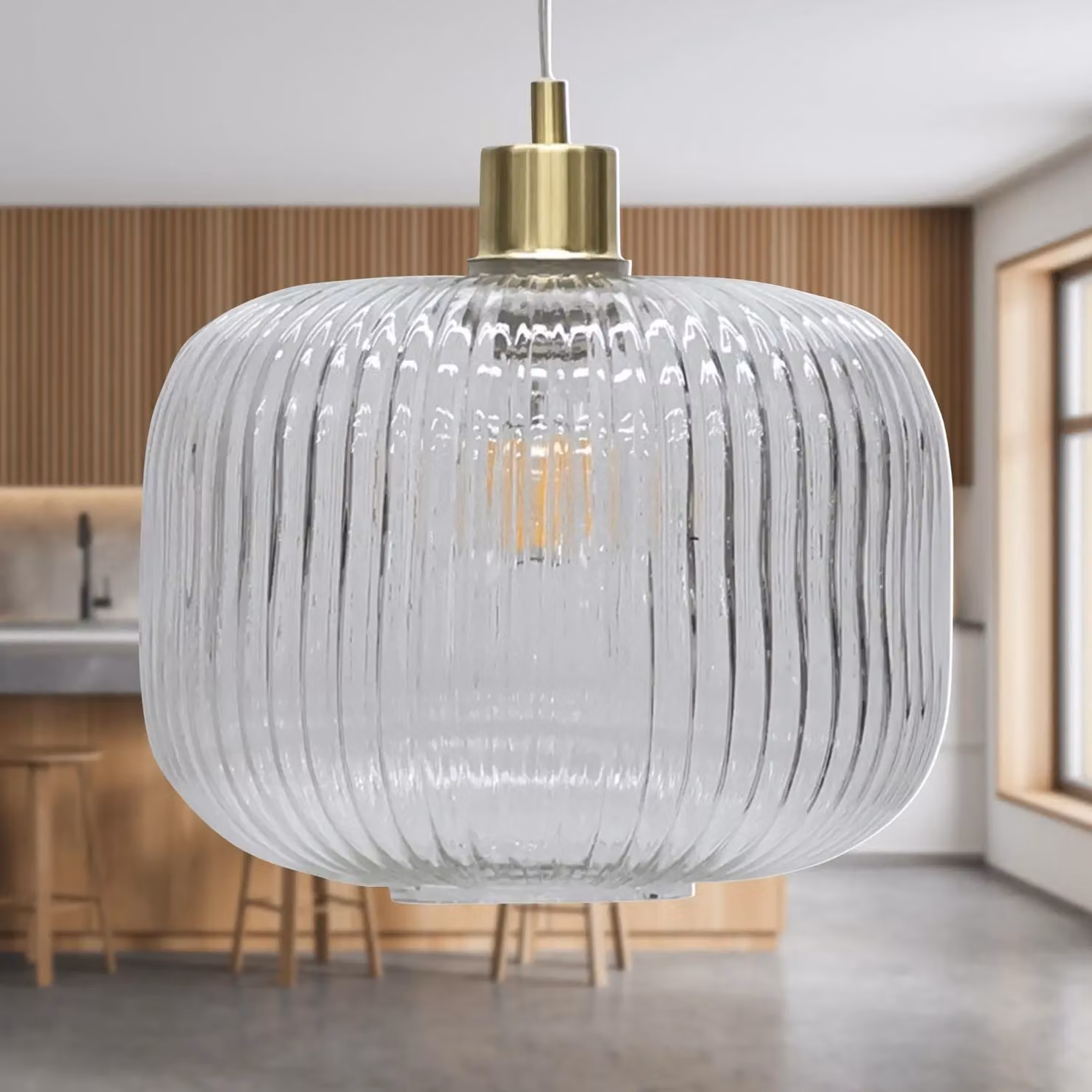 First Choice Lighting Batley Large Pendant Light with Transparent Ribbed Glass and Satin Brass Fitting – 2