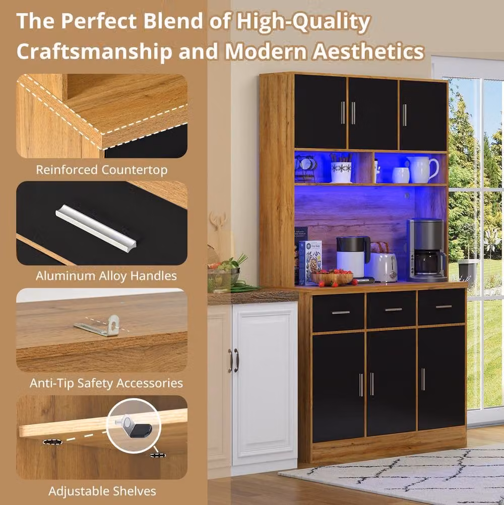 STILVORA Modern Tall Storage Cabinet in Black with Integrated Lighting and Internal Drawers – 6
