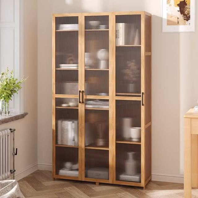 Livingandhome Modern Brown Wood Storage Cabinet with Transparent Glass Doors