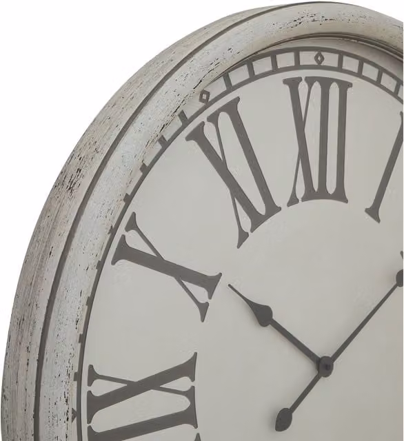 KDMK White Architectural Embossed Round Analog Wall Clock with Glass Detail and Geometric Design