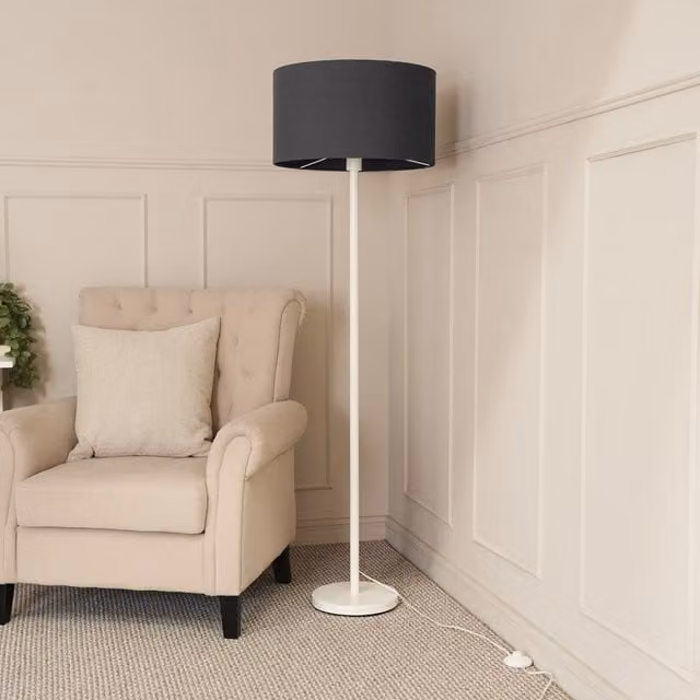 ValueLights Charlie White Metal Single Stem Floor Lamp with Grey Fabric Drum Shade – 1