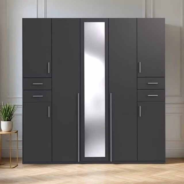 KDMD Vegas 5 Door Grey Matt Wardrobe with Mirror and Integrated Drawers H 225 x W 58 x D 58 cm