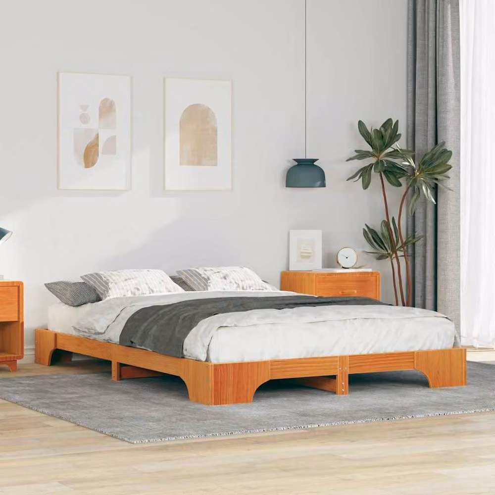 Berkfield Home Floor Bed Frame with Storage in Brown, Solid Pine Wood, W: 140 cm, D: 220 cm – 2