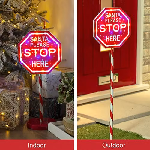 The Christmas Workshop Santa Please Stop Here Sign with 45 Multicoloured Lights, Red and White, 1m – 5