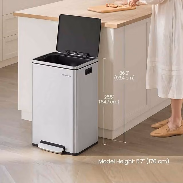 The Bazaarist Stainless Steel Kitchen Pedal Bin with Soft Close and Removable Inner Bucket, Silver