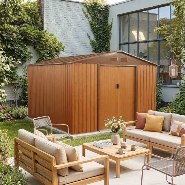 Sweek 8.84 m2 Metal Garden Storage Shed in Brown with Pent Roof and Galvanised Steel Construction