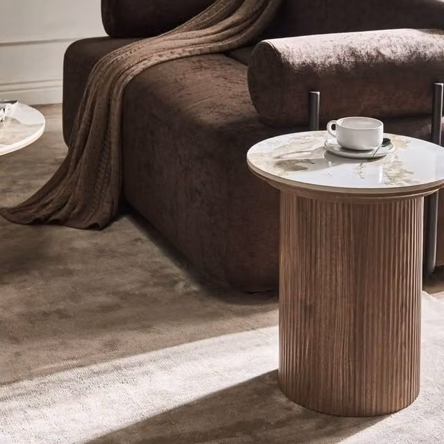 Wyld and Coco Ribbed Leg Side Table with White Ceramic Top and Brown MDF Base, Height: 45 cm – 1