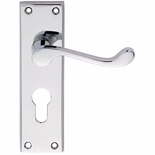 Loops Pair Victorian Scroll Lever on Euro Lock Backplate, Polished Chrome, W: 15.0 cm, H: 4.3 cm