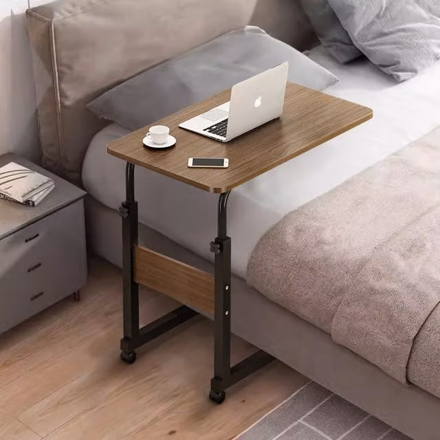Living and Home Height Adjustable Mobile Overbed Desk with Wheels in Brown