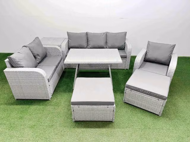 Fimous Patio Dining Table and Chairs Set in Light Grey with Reclining Chair and 2 Big Stools