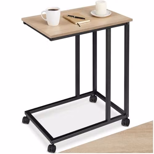 tectake C-Shaped Industrial Side Table with Steel Frame and Swivel Castors, Light Wood and Black, W: 48 cm, D: 35 cm, H: 70 cm